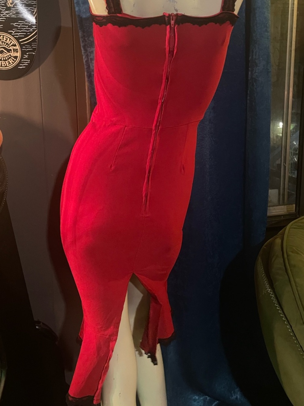Red SWITCHBLADE STILETTO Midi pencil Dress with Black Lace Trim & flared bottom - Picture 7 of 10